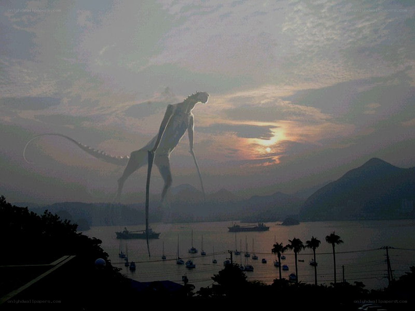giant creature over harbor at sunset