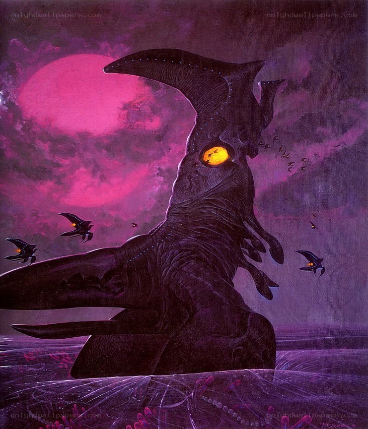 Giant creature under pink moon