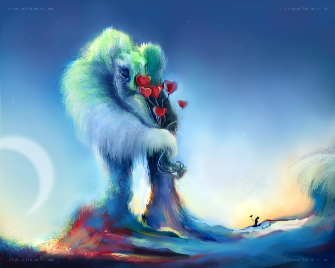 giant creature with heart balloons