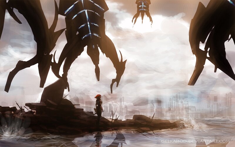 giant creatures over ruined city