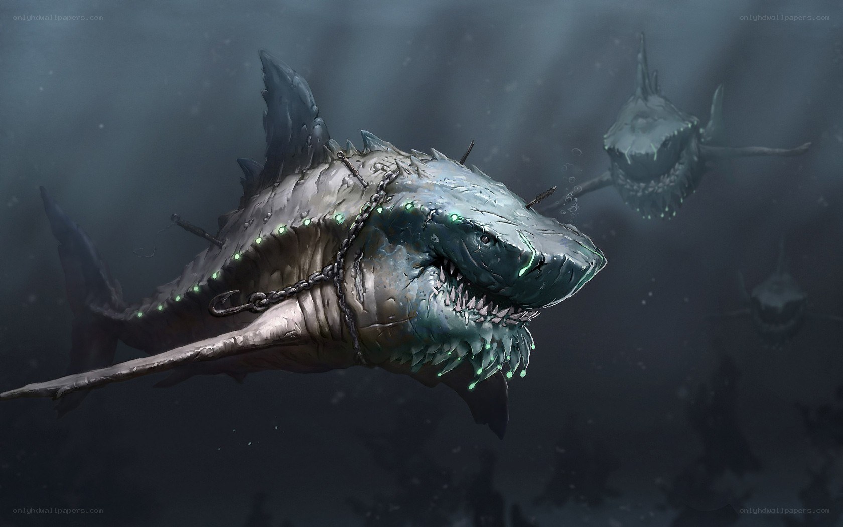 Giant cybernetic shark in deep sea