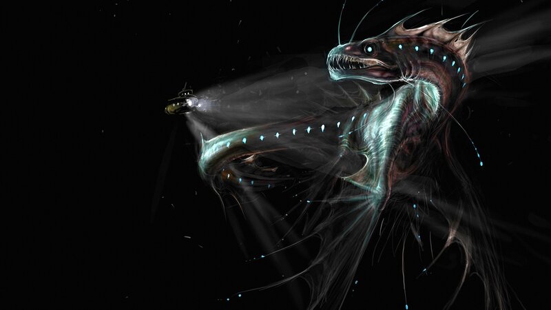 Giant Deep-sea Fish — Black, Dramatic, Night, Digital Art, Submarine, Bioluminescence, Blue, White