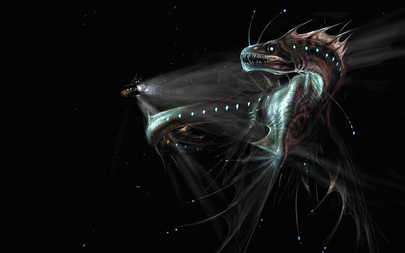 Giant Deep-sea Fish — Black, Dramatic, Night, Digital Art, Submarine, Bioluminescence, Dark Water