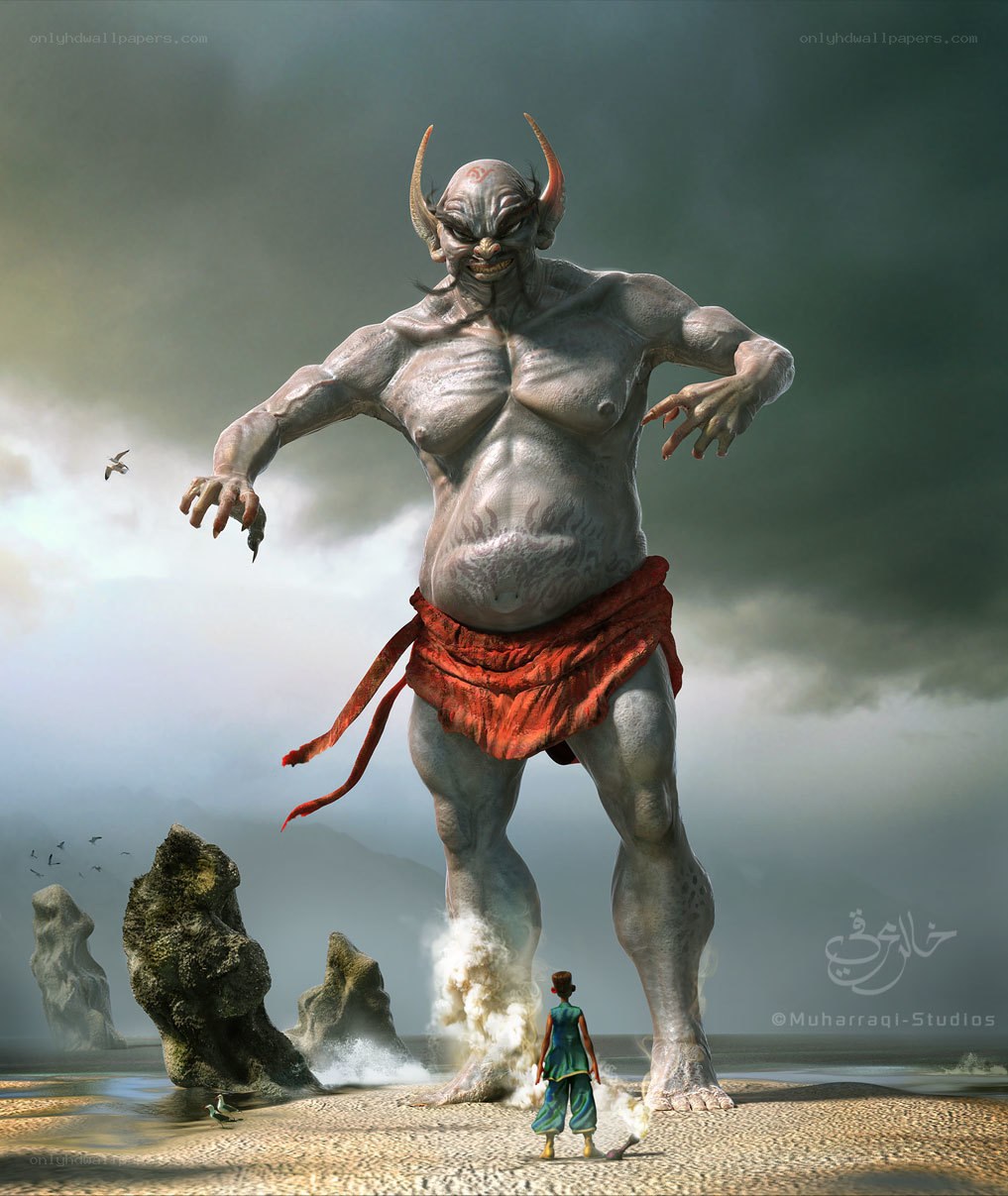 giant demon confronts small warrior