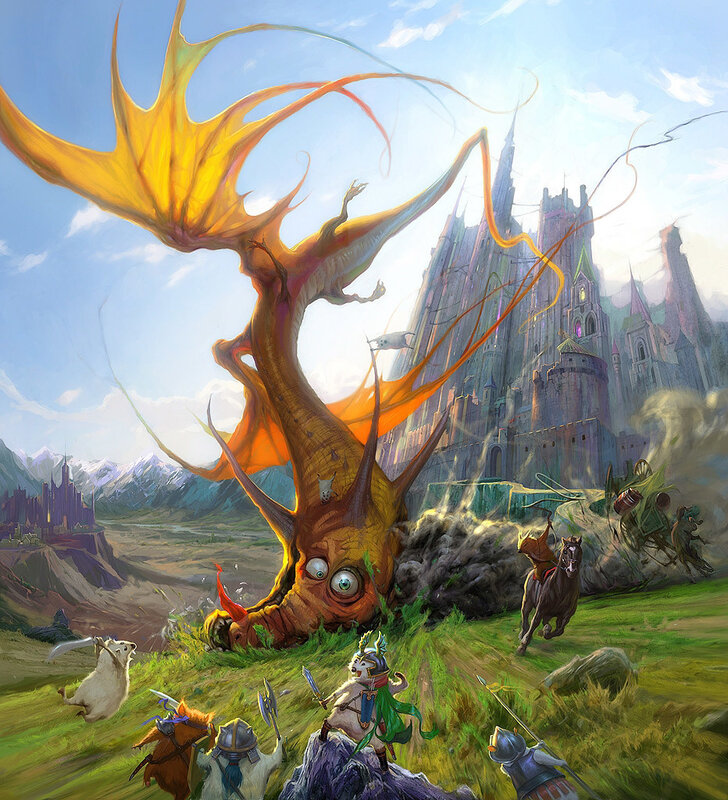Giant Dragon Attacking Castle — Green, Dramatic