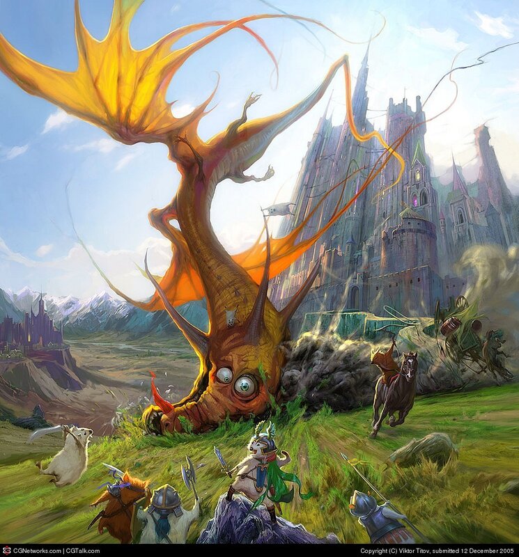 Giant Dragon Attacking Castle — Green
