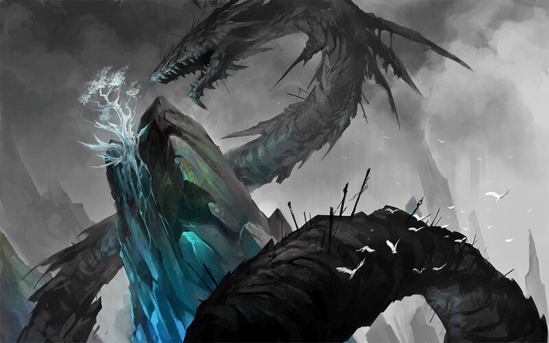 Giant Dragon Attacking Mountain