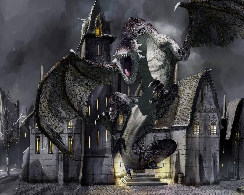 Giant Dragon Attacking Town