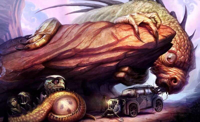 giant dragon attacks car