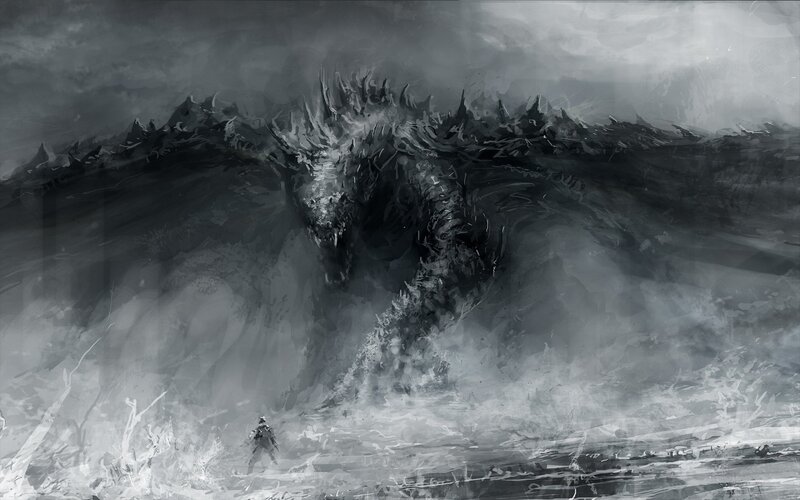 Giant Dragon Emerging — Gray