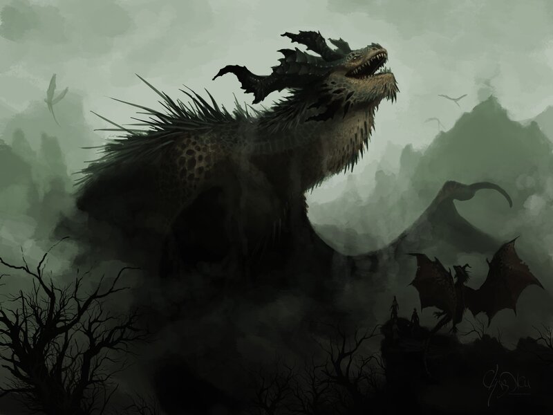 Giant dragon in misty landscape