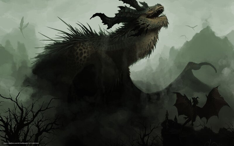 Giant dragon in misty landscape