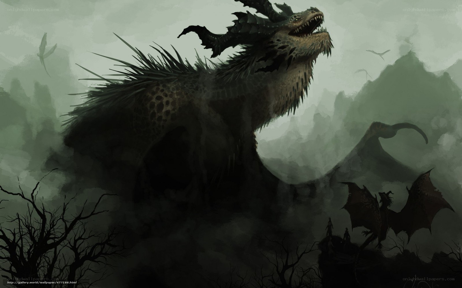 Giant dragon in misty landscape