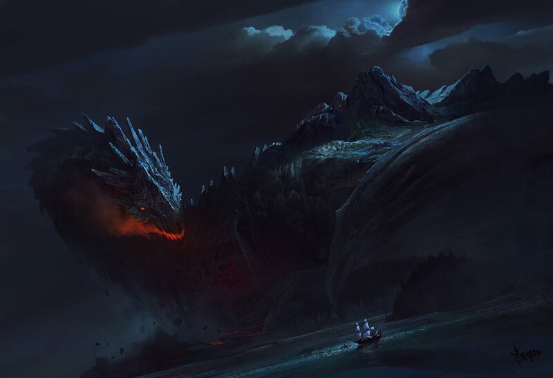 Giant Dragon on Mountains — Dark Blue