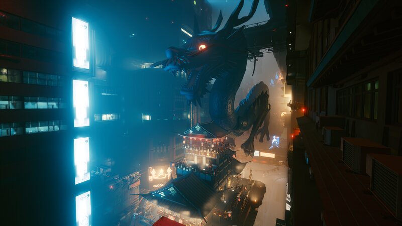 Giant Dragon over City — Blue, Dark, Dramatic