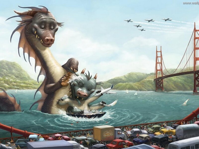 Giant Dragons Fighting — Blue