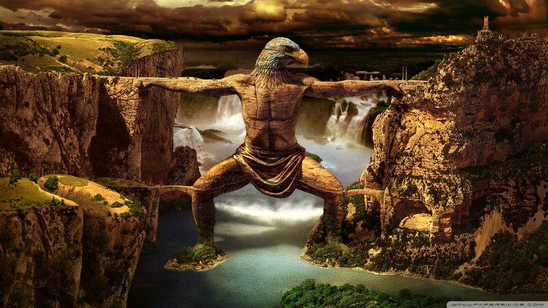 Giant Eagle-headed Statue — Brown, Dramatic, Sunset, Digital Art
