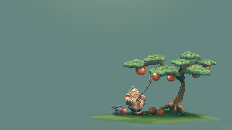 giant eating apples under tree