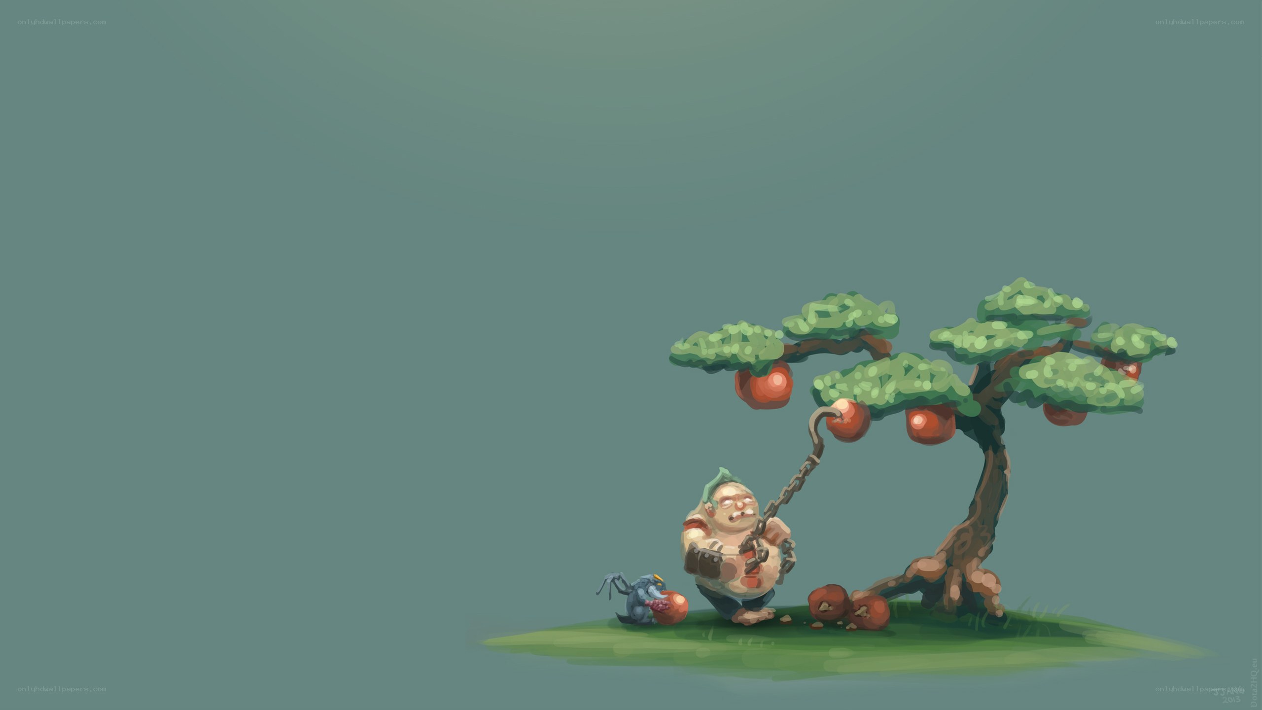 giant eating apples under tree