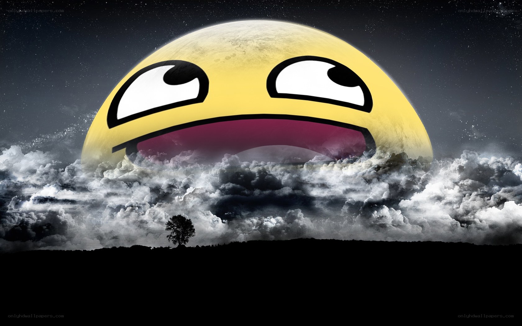 giant emoji moon over clouds