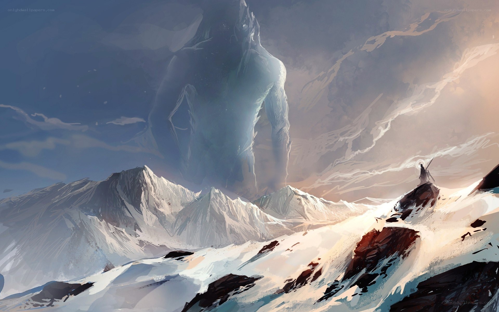 Giant figure in snowy mountains