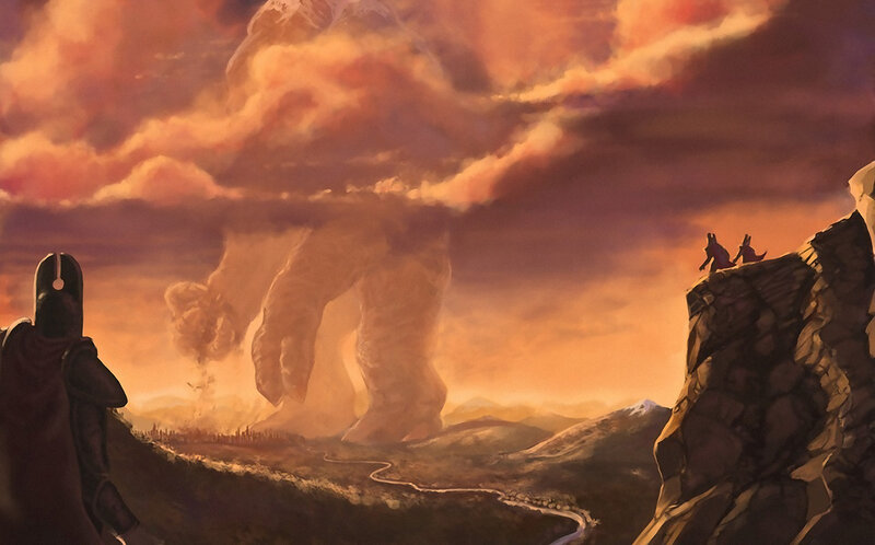 Giant figure in sunset landscape