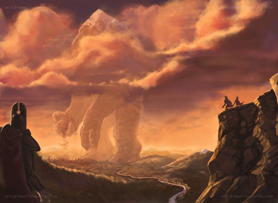 Giant figure in sunset landscape