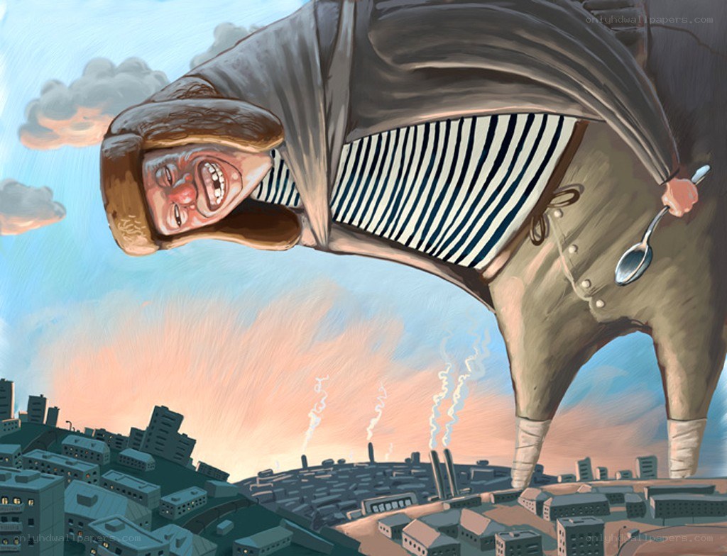 giant figure over city