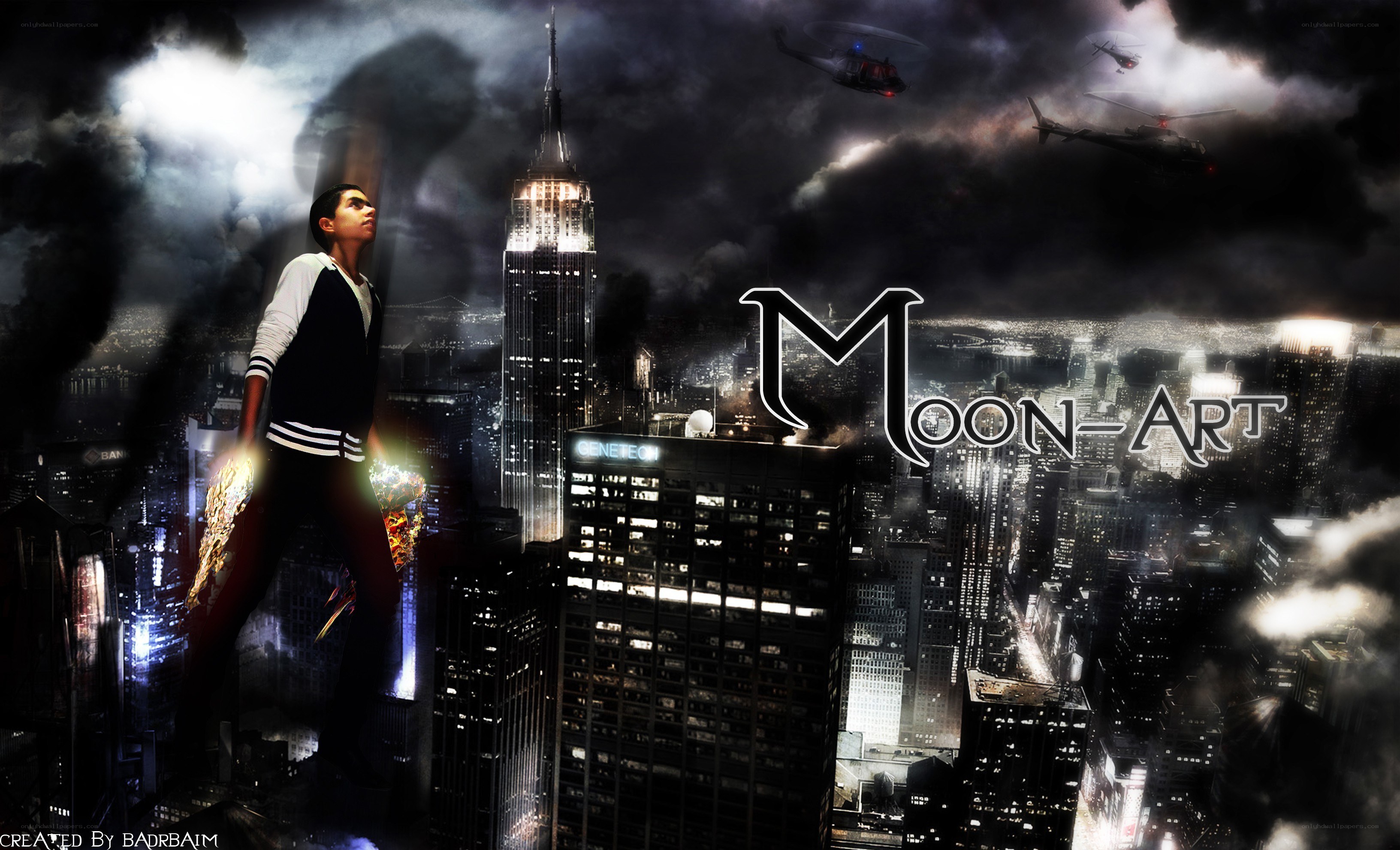 Giant figure over cityscape