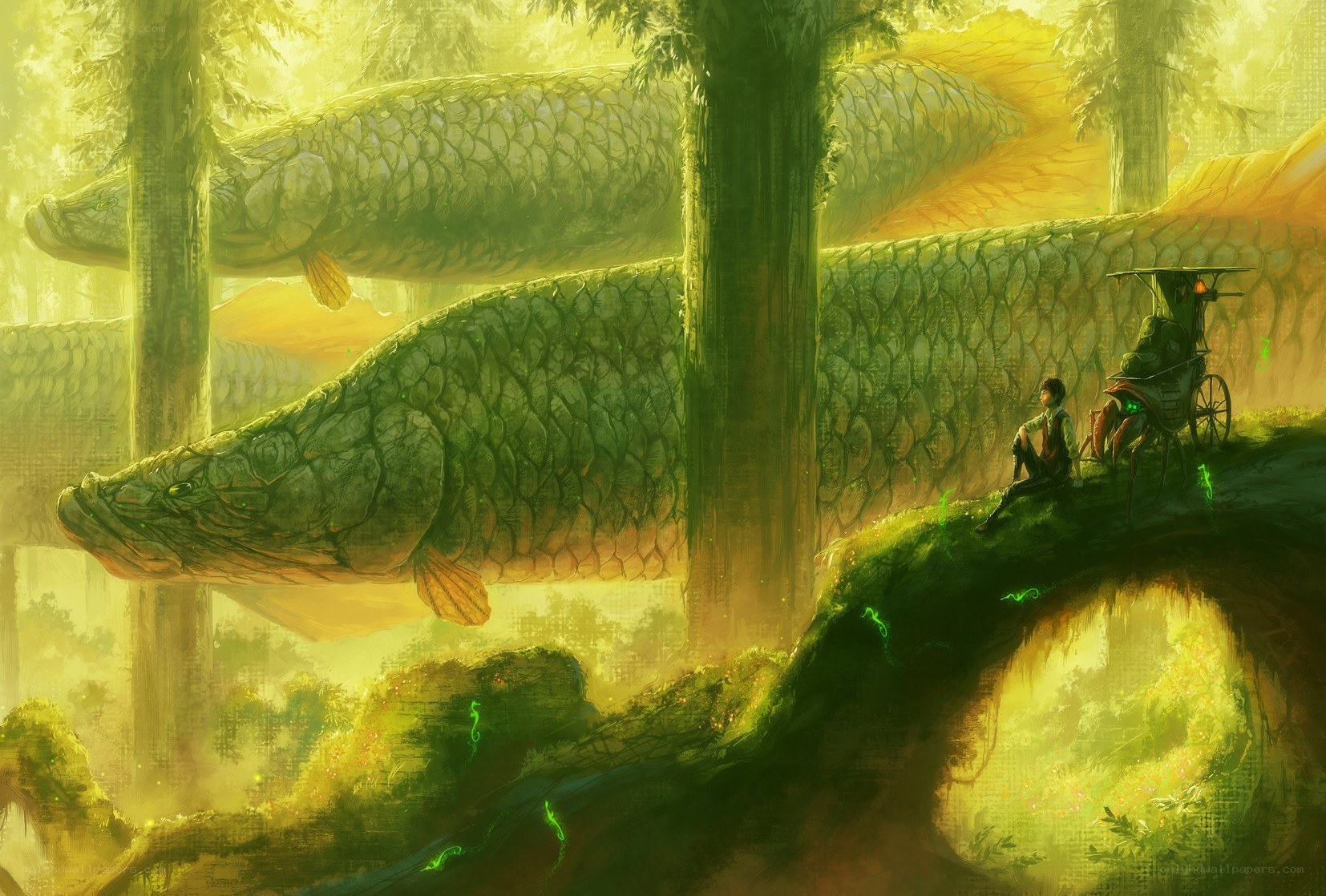 giant fish in a forest