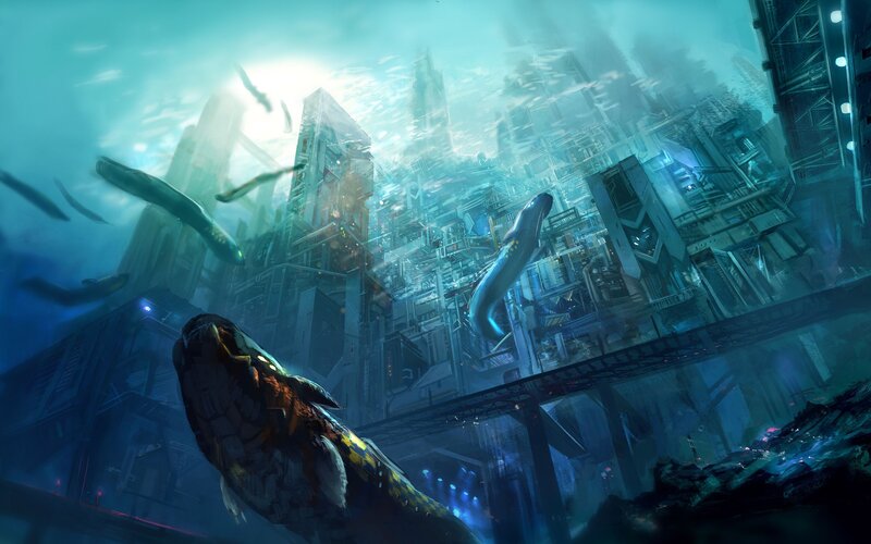 Giant Fish in City — Blue, Dramatic
