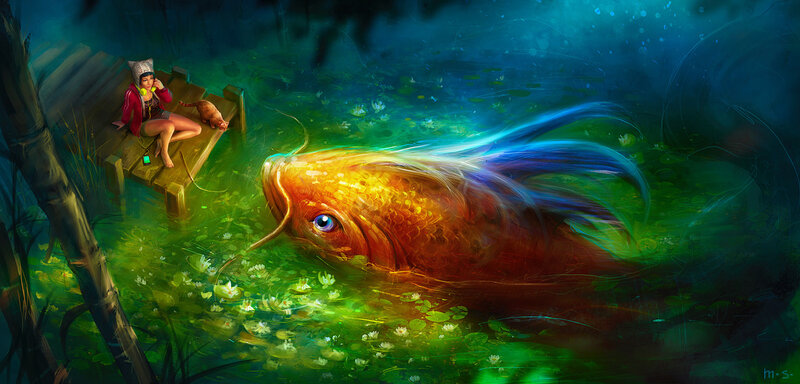 Giant Fish in Pond — Green