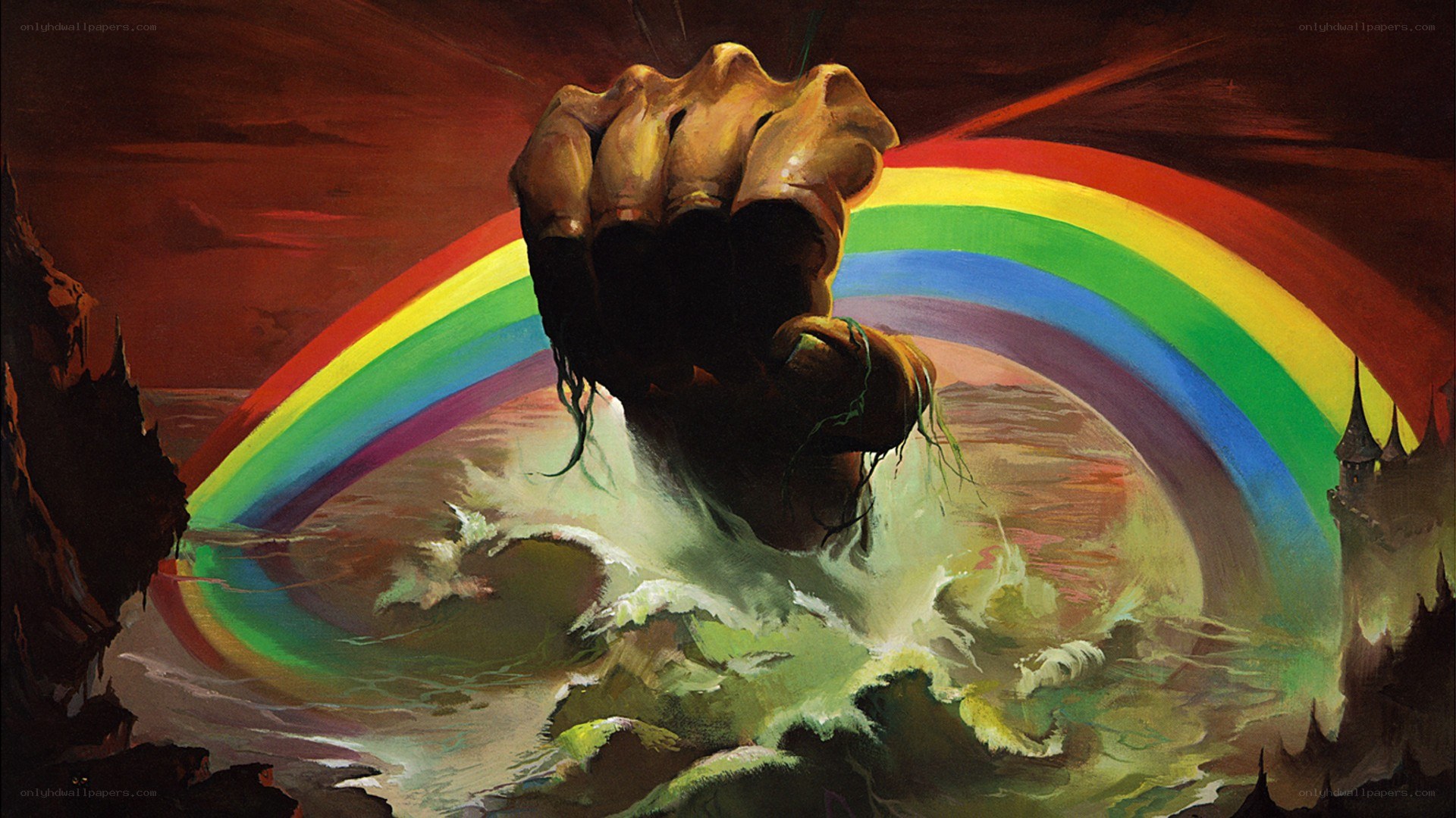 giant fist emerging from sea