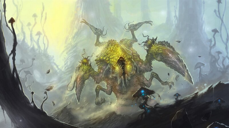 Giant fungal creature in misty forest