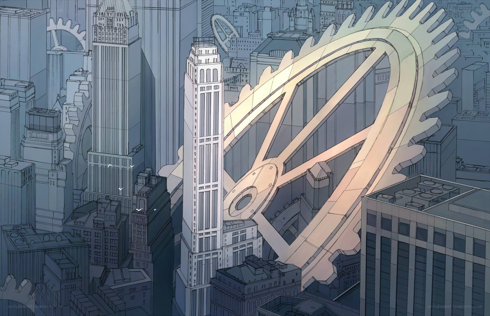 giant gear in cityscape