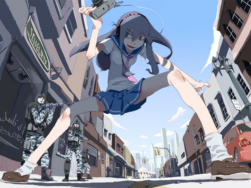 giant girl in city street