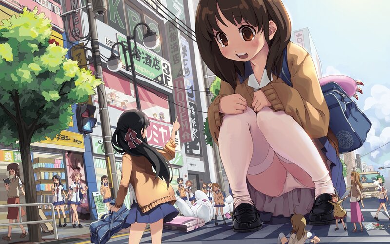 Giant girl in city street