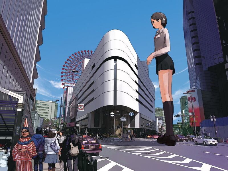 Giant girl in city street
