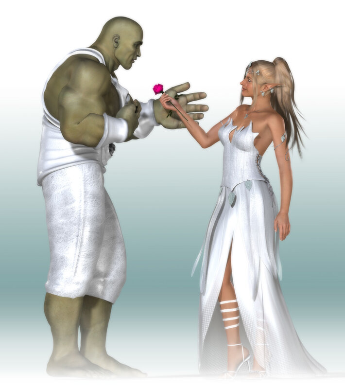 giant giving rose to elf woman