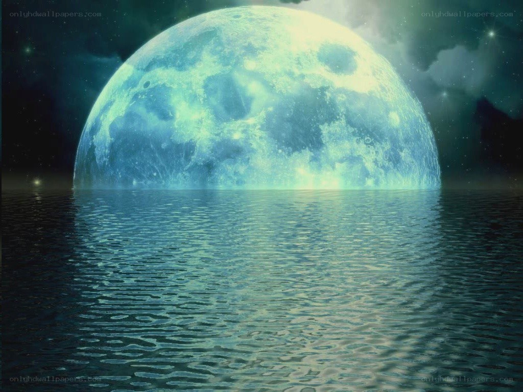 Giant glowing moon over water