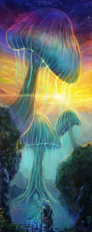 Giant glowing mushrooms in a fantasy landscape