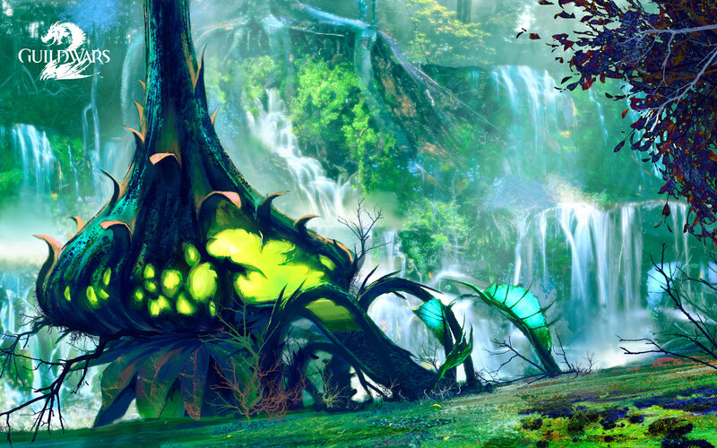 Giant glowing plant in forest