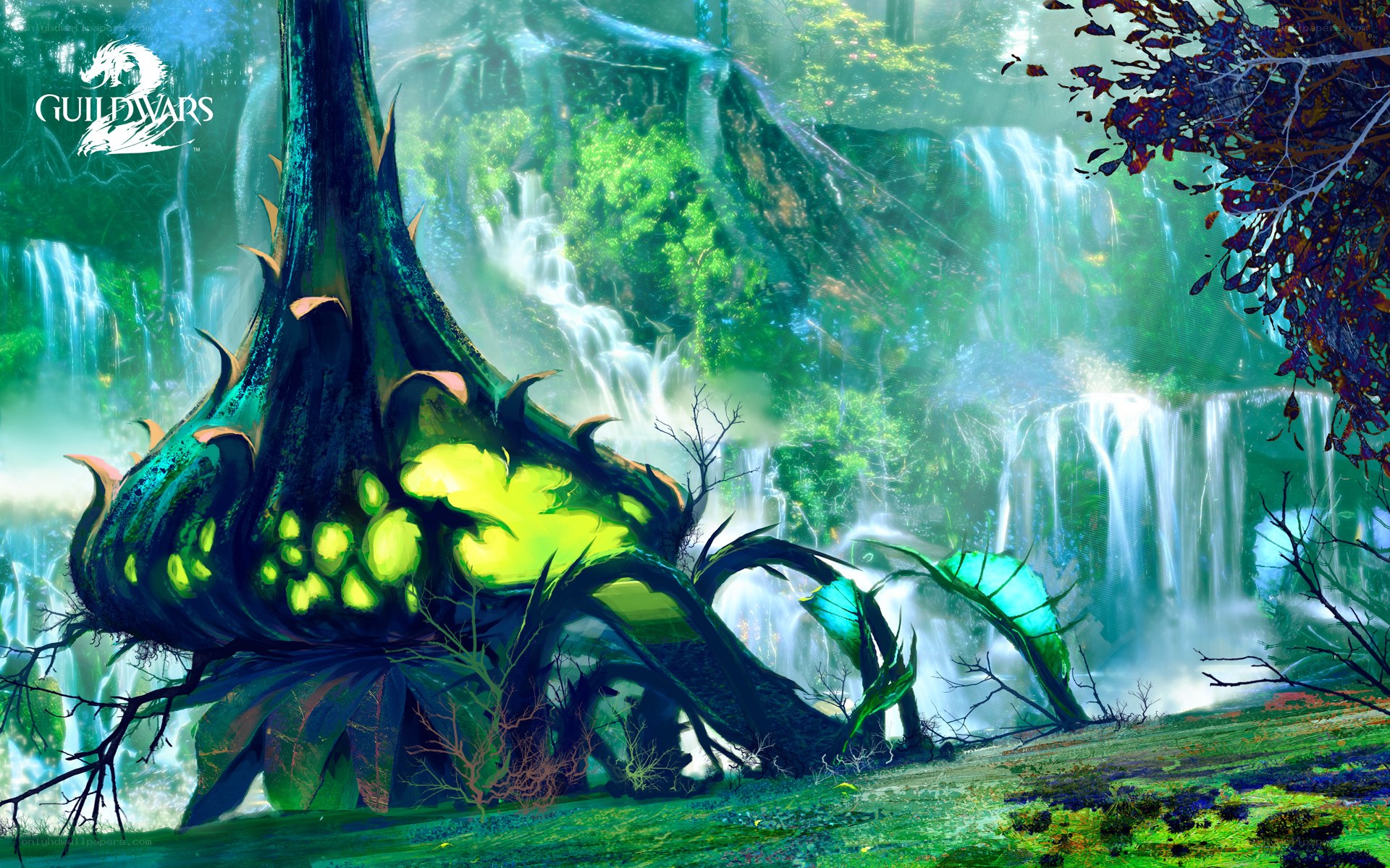 Giant glowing plant in forest