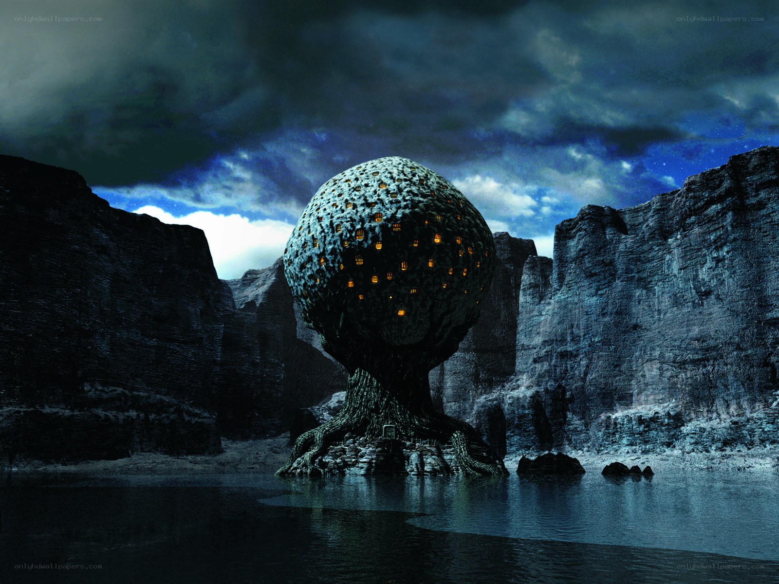 Giant glowing sphere in canyon
