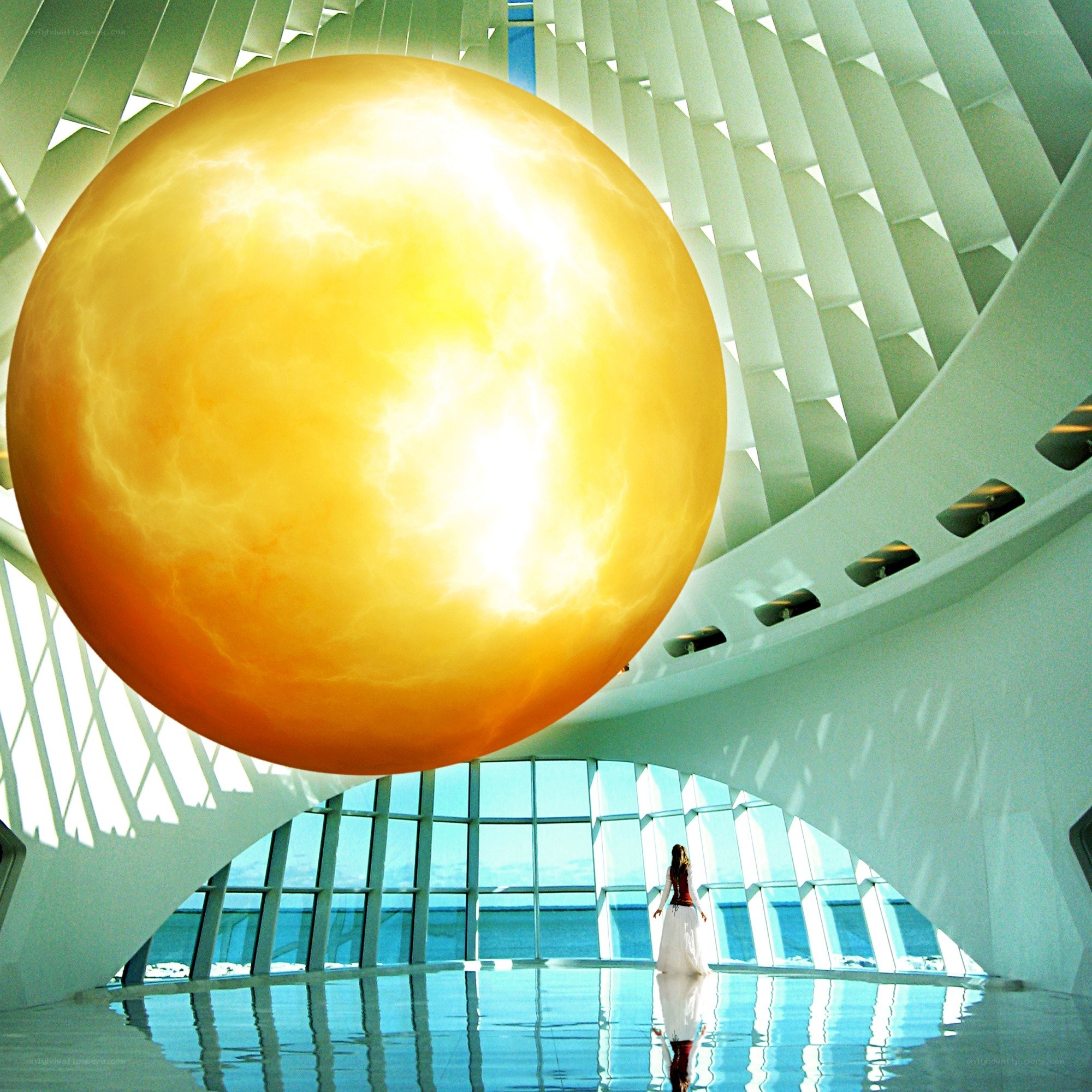 Giant glowing sphere in modern hall