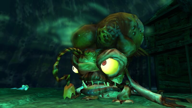 Giant green monster in dark cave