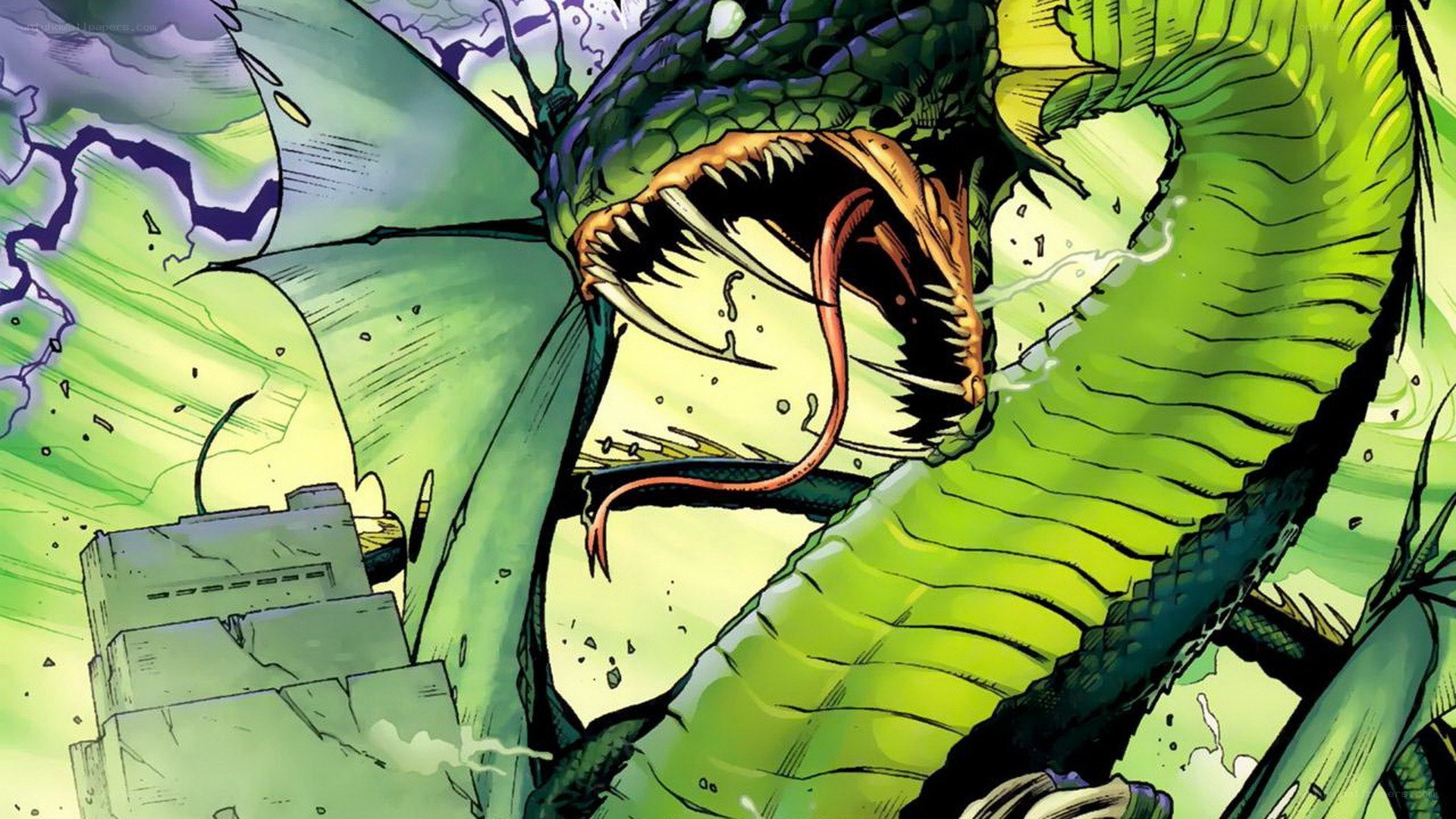 giant green serpent attacks city