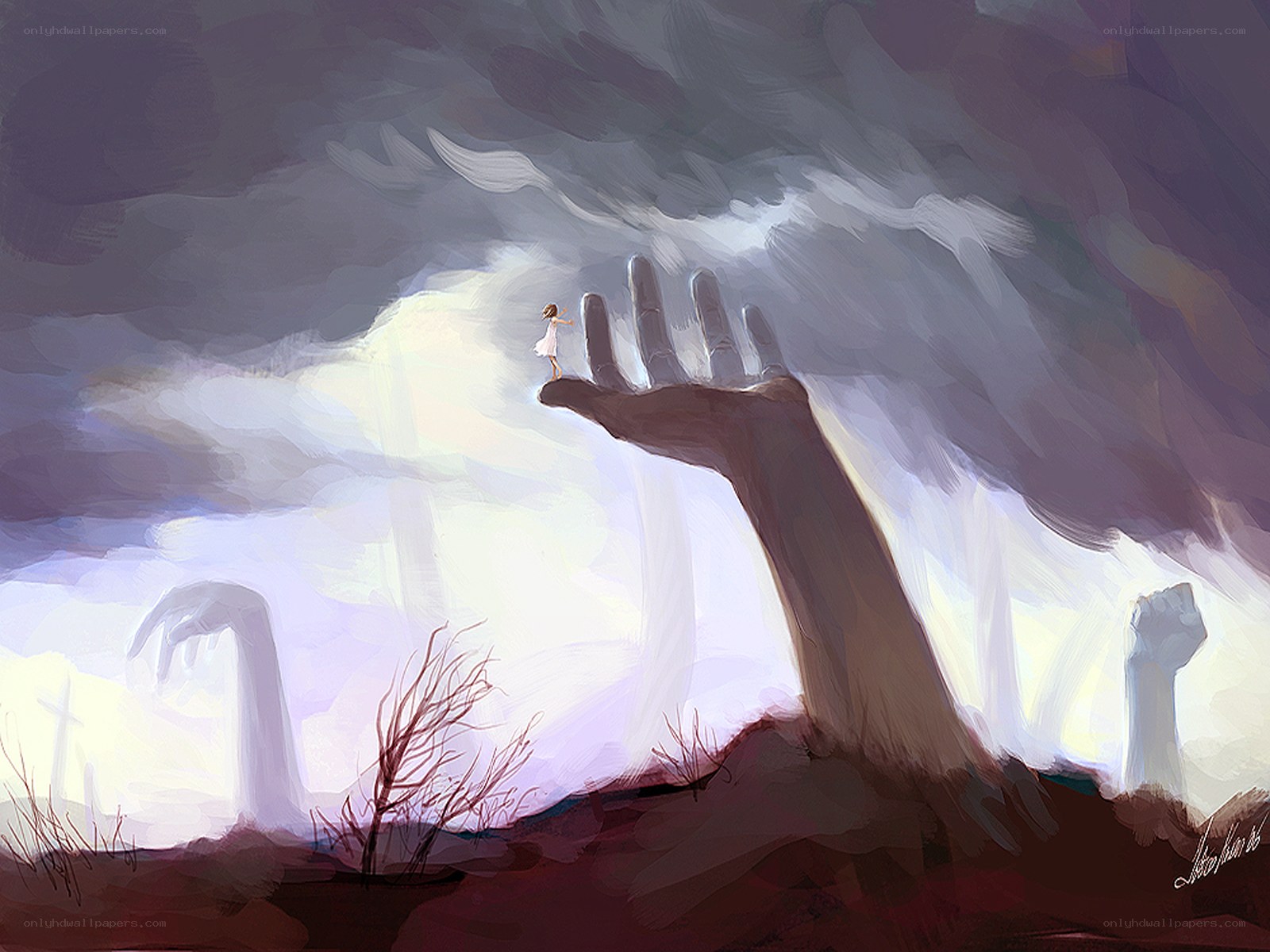 giant hand emerging from ground