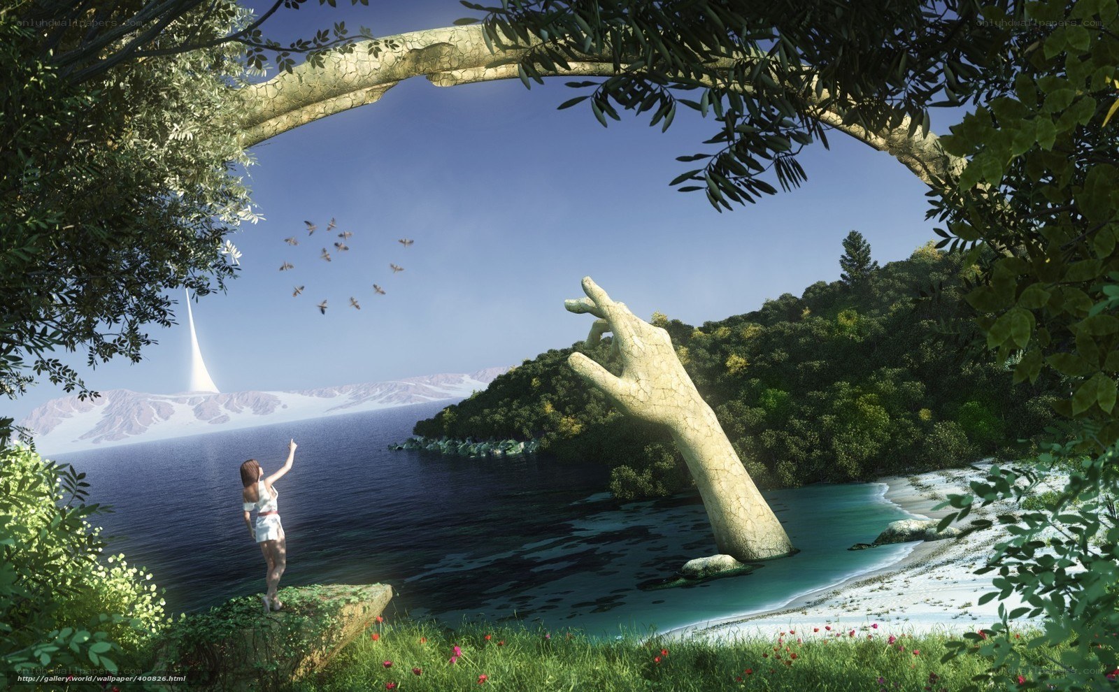 Giant hand emerging from lake