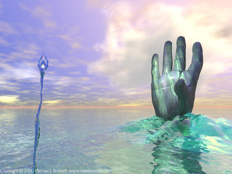 Giant hand emerging from ocean